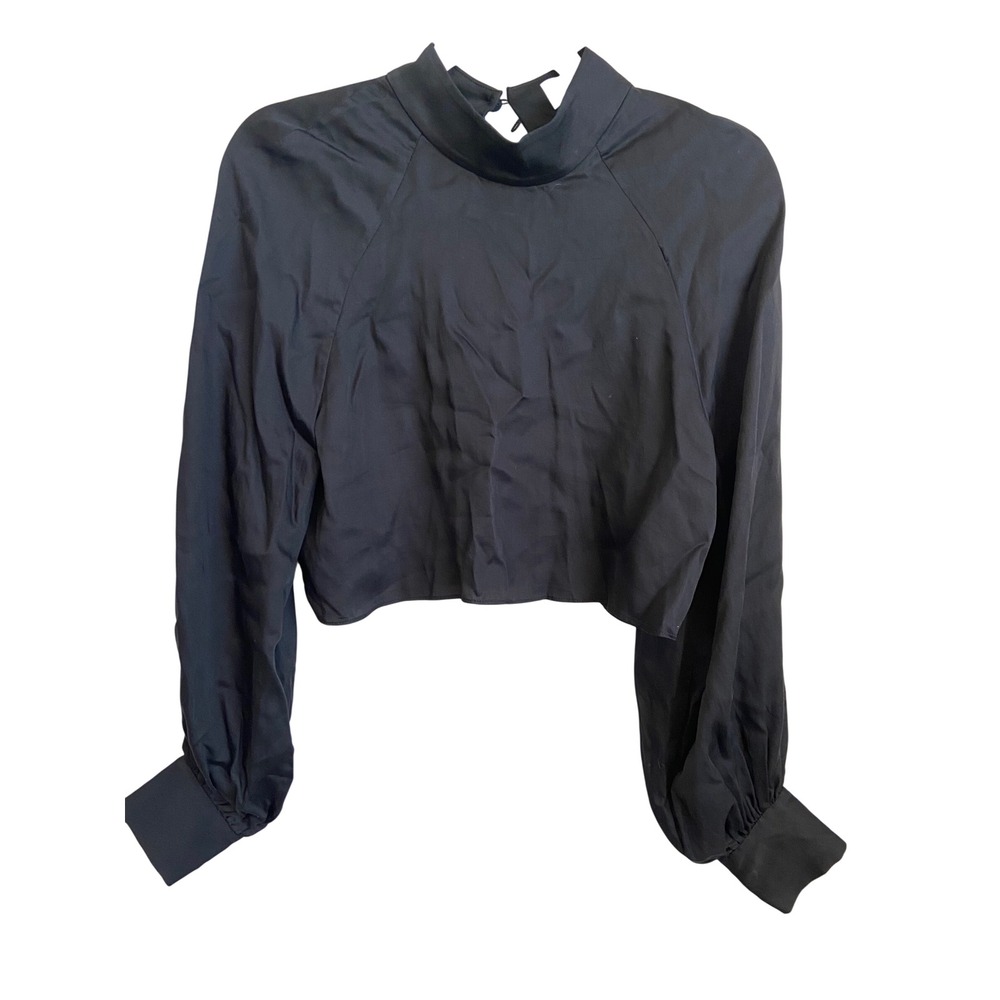 L'Academie Black Tencel Mock Neck Cropped Top Keyhole Back Size S